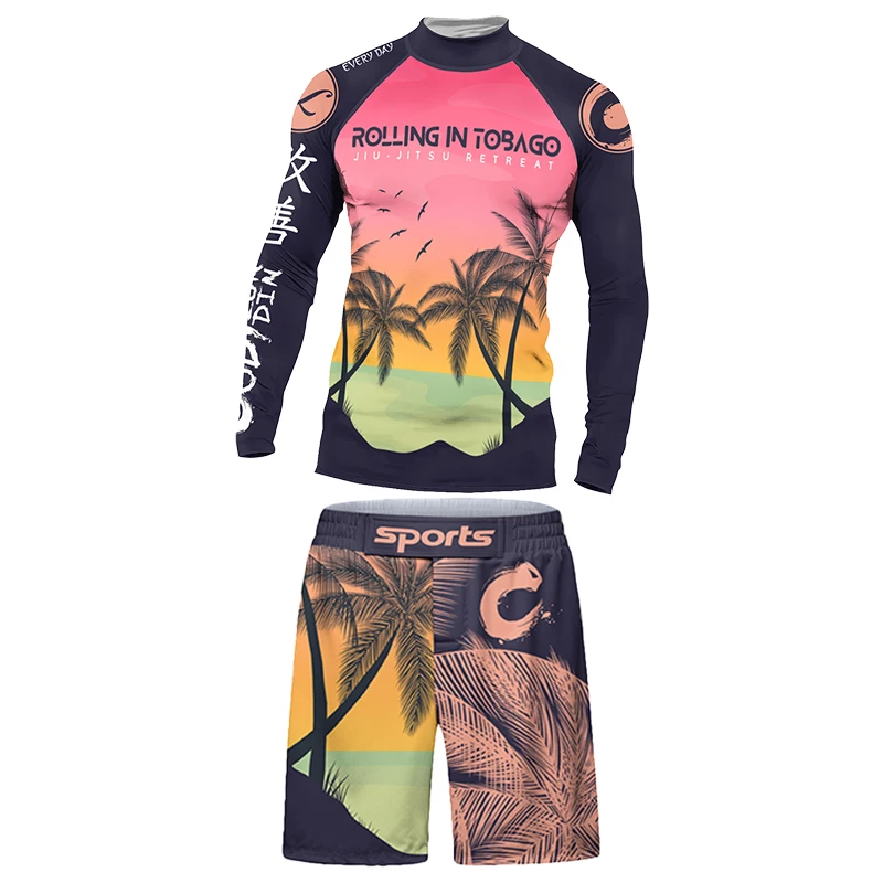 عطلة شجرة جوز الهند Rashguard الرجال الملاكمة MMA تي شيرت + بانت + MMA السراويل 4/قطعة مجموعات S مجموعات ملابس المصارعة كيك بوكسينغ رياضية