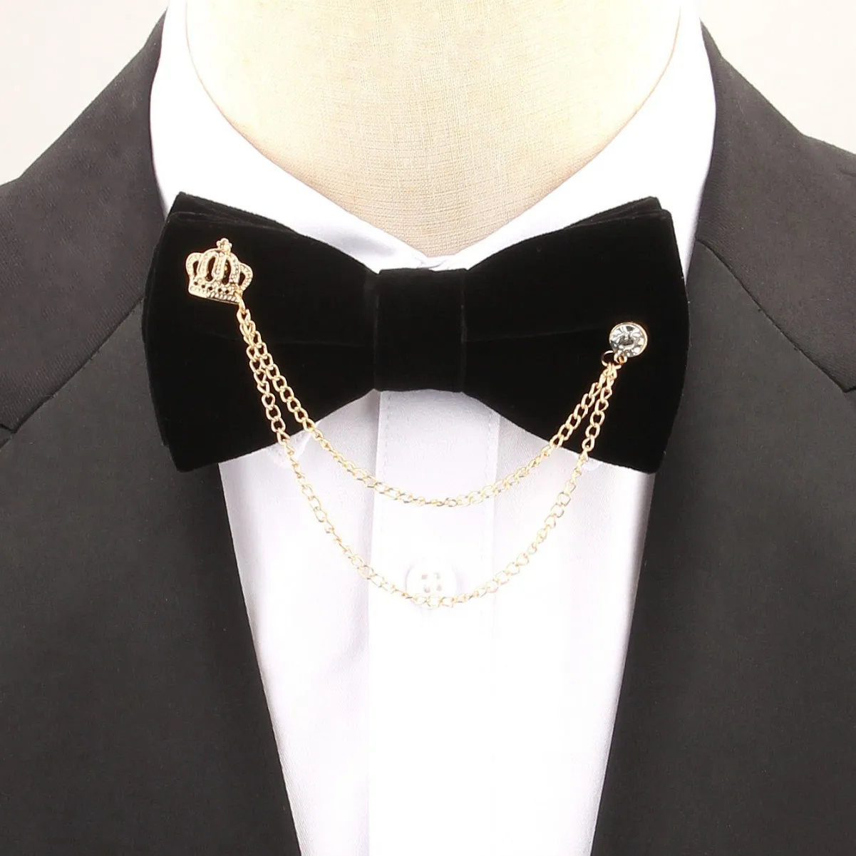 Solid Color Tie Men Metal Chain Tassel Crown Velvet Double-layer Banquet Wedding Suit Dress High-end Accessories Adjustable
