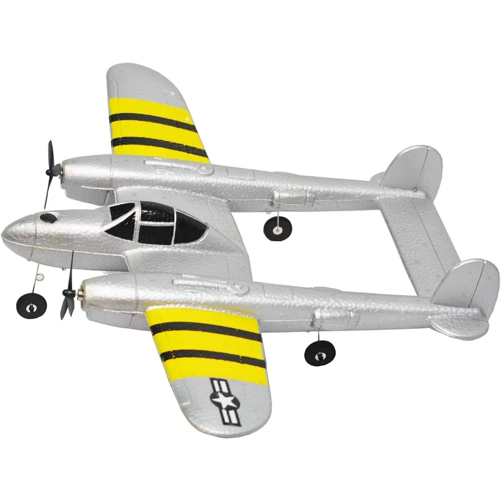 Avión RC de 2 canales de 2,4 GHz para principiantes: avión de iluminación P38 con características listo para volar