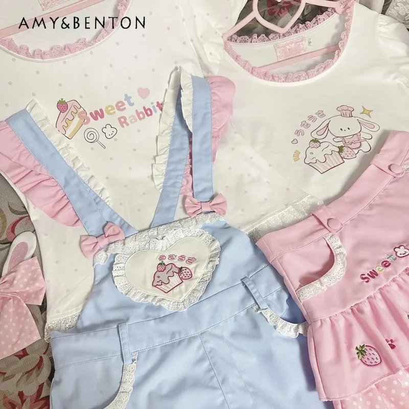 

25COSОригинальный милый мультяшный вышитый кружевной топ с круглым вырезом и короткими рукавами, милая юбка со съемным ремешком, комплект из двух предметов, летний каваи