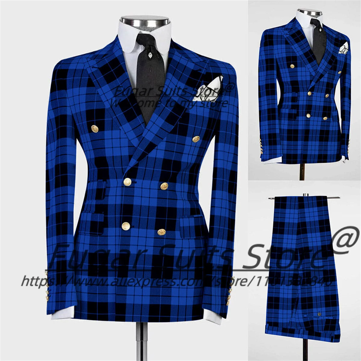 Luxuly Blue Plaid Men Suits Double Breasted Peak Lapel Groom Formal Tuxedos 2 Pieces Sets Casual Male Blazers trajes para hombre