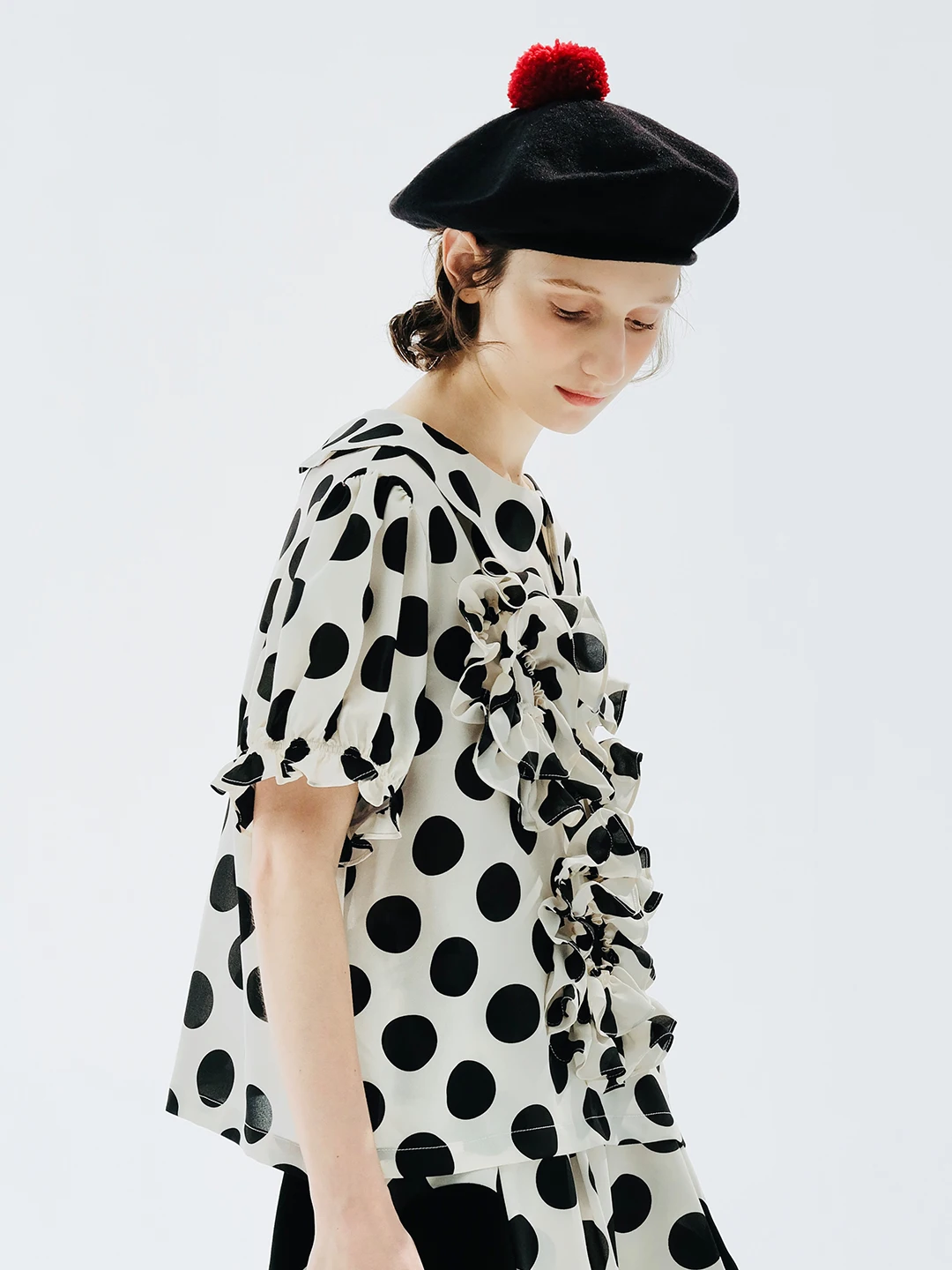 Imakokoni Polka Dot Pop Kraag Kanten Shirt Met Korte Mouwen Dames Design Sense Niche Zomer Dun Model 234189