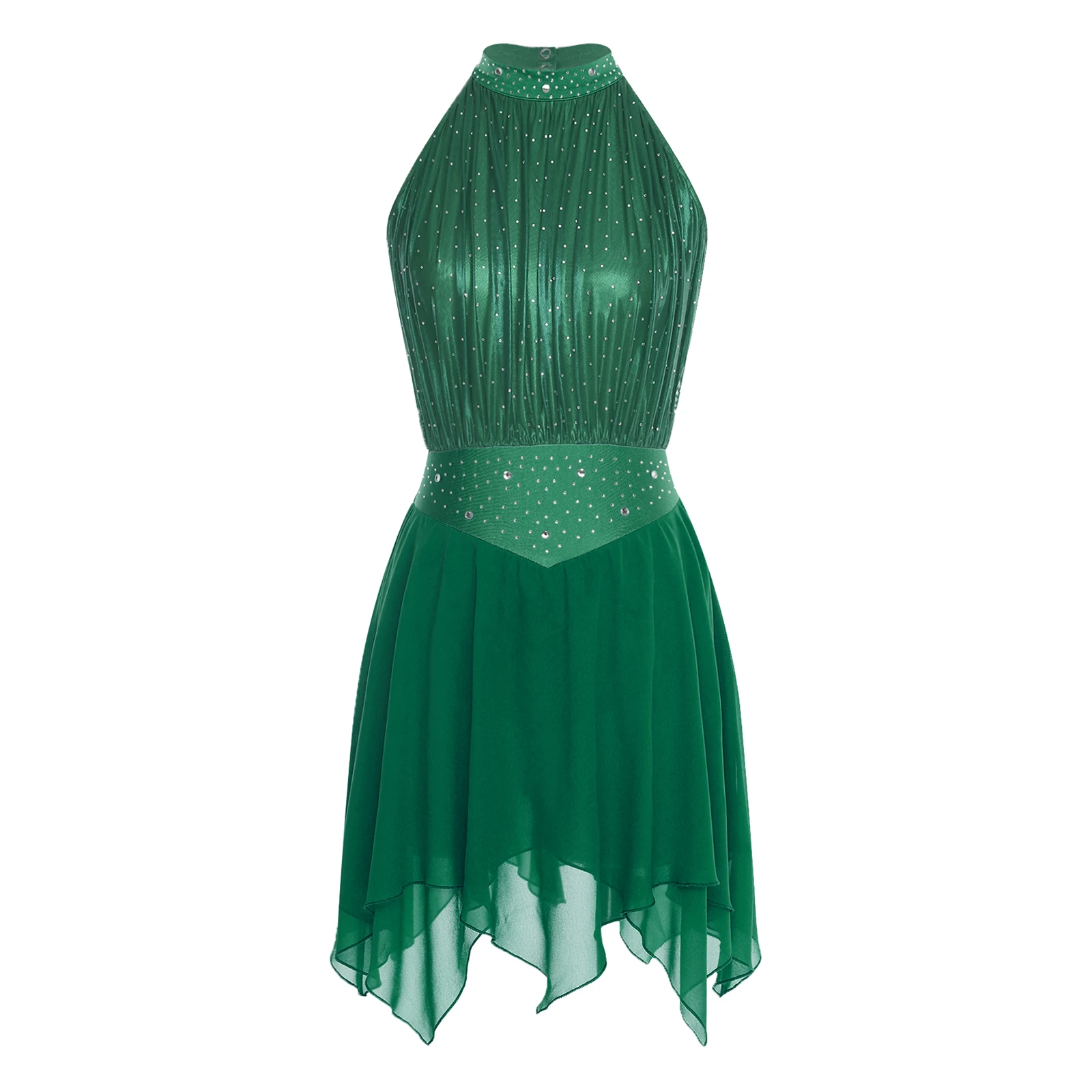 Abito body da danza lirica da donna con volant in rete metallica con strass, abito senza maniche per pattinaggio artistico, danza moderna