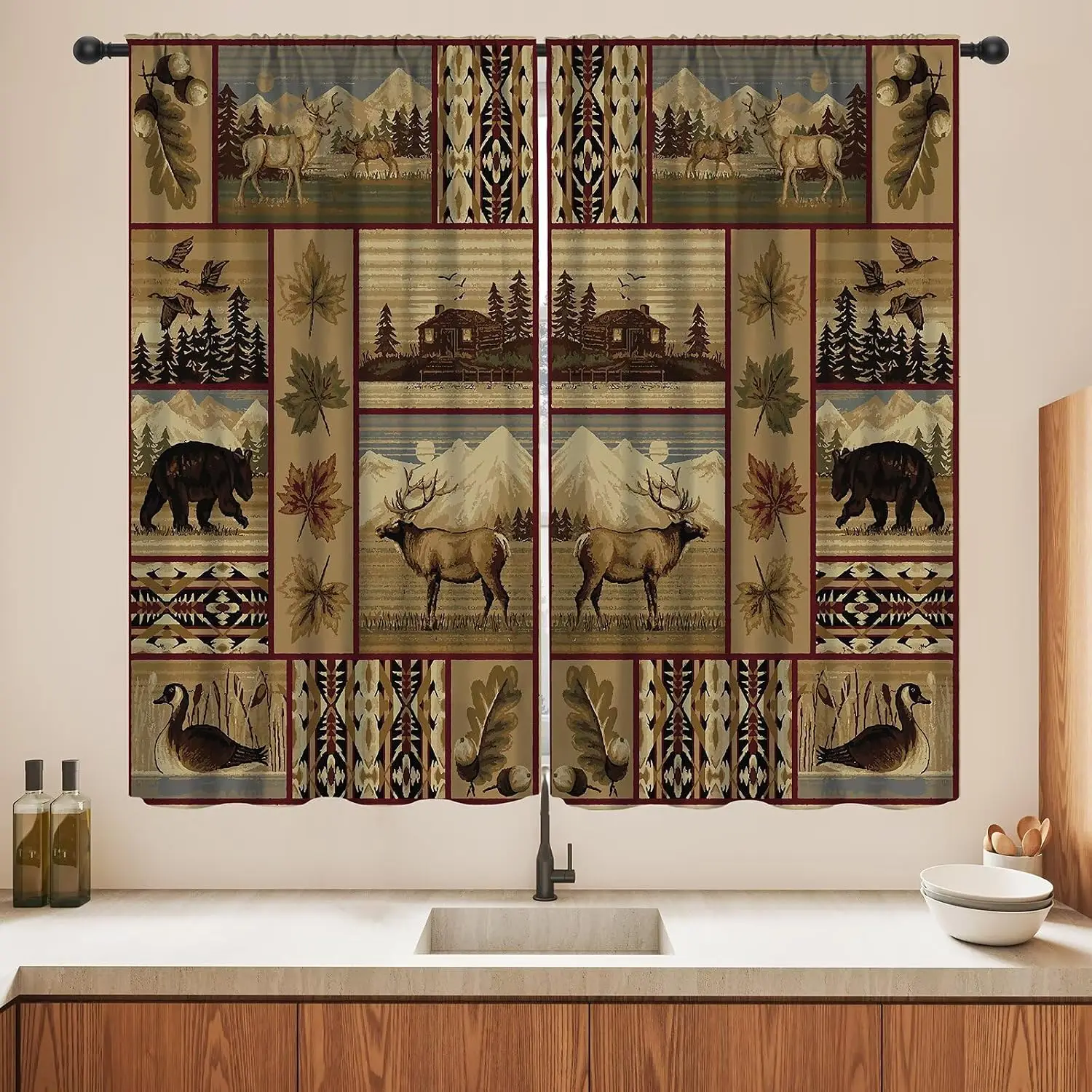 2pcs Rustic Woodland Pair Curtain Bear Deer Mountain Forest Lodge Cabin Decor Vintage Wildlife Window Drapery