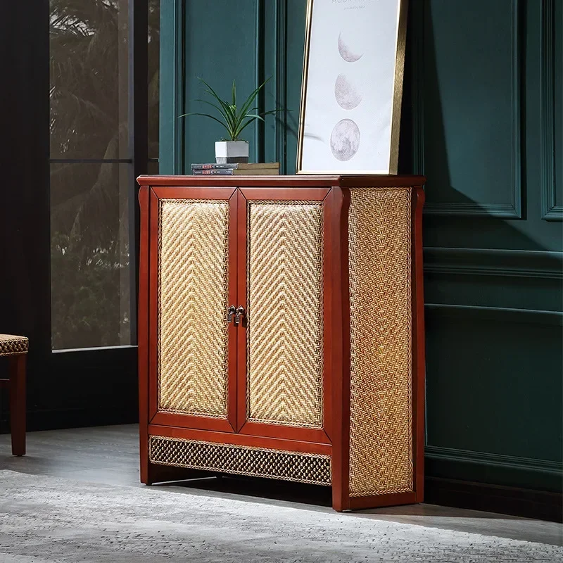 Classical Chinese rattan shoe cabinet solid wood, living room home, European double drawers, nano beech shoe cabinet