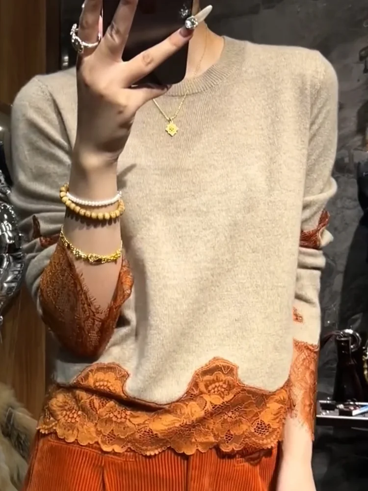 

Ele Lace Splicing Sweater Design Sensation Autumn New plus Size Slimming Top Korean Sle Long Sve round Ne Sweater