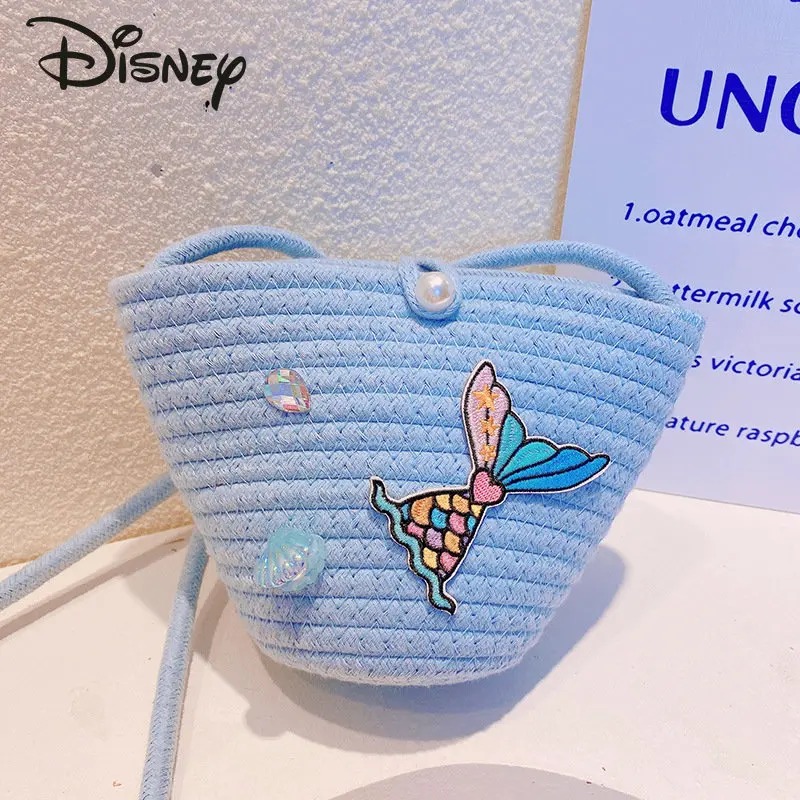 Disney Mermaid New Cotton Thread Woven Women's Bag Fashion Cartoon Seaside Casual Bag Multi Functional Crossbody Mini Bag