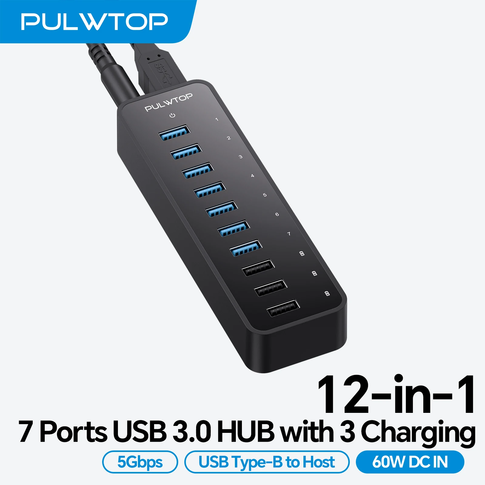 60W Powered USB 3.0 Hub 10-Port, 7 USB 3.0 Data Ports 5Gbps + 3 Smart Charging Ports BC1.2 2.4A, 60W Adapter Desktop Splitter