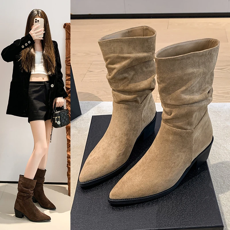 

2025 New High Boots for Woman Suede Fashion Heeled Shoes Designer Woman's Winter Boots Dress Chelsea Boots Женские Ботинки