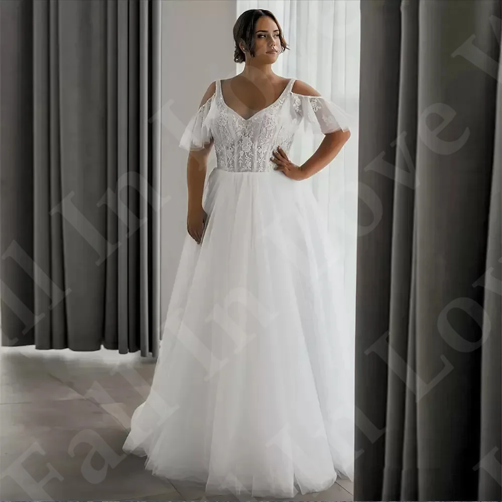 Vestido De Novia 2024 Plus Size suknia ślubna z krótkim rękawem w kształcie litery A, sznurowane z tyłu Boho koronkowe kwiaty z odkrytymi ramionami suknia ślubna z tiulu