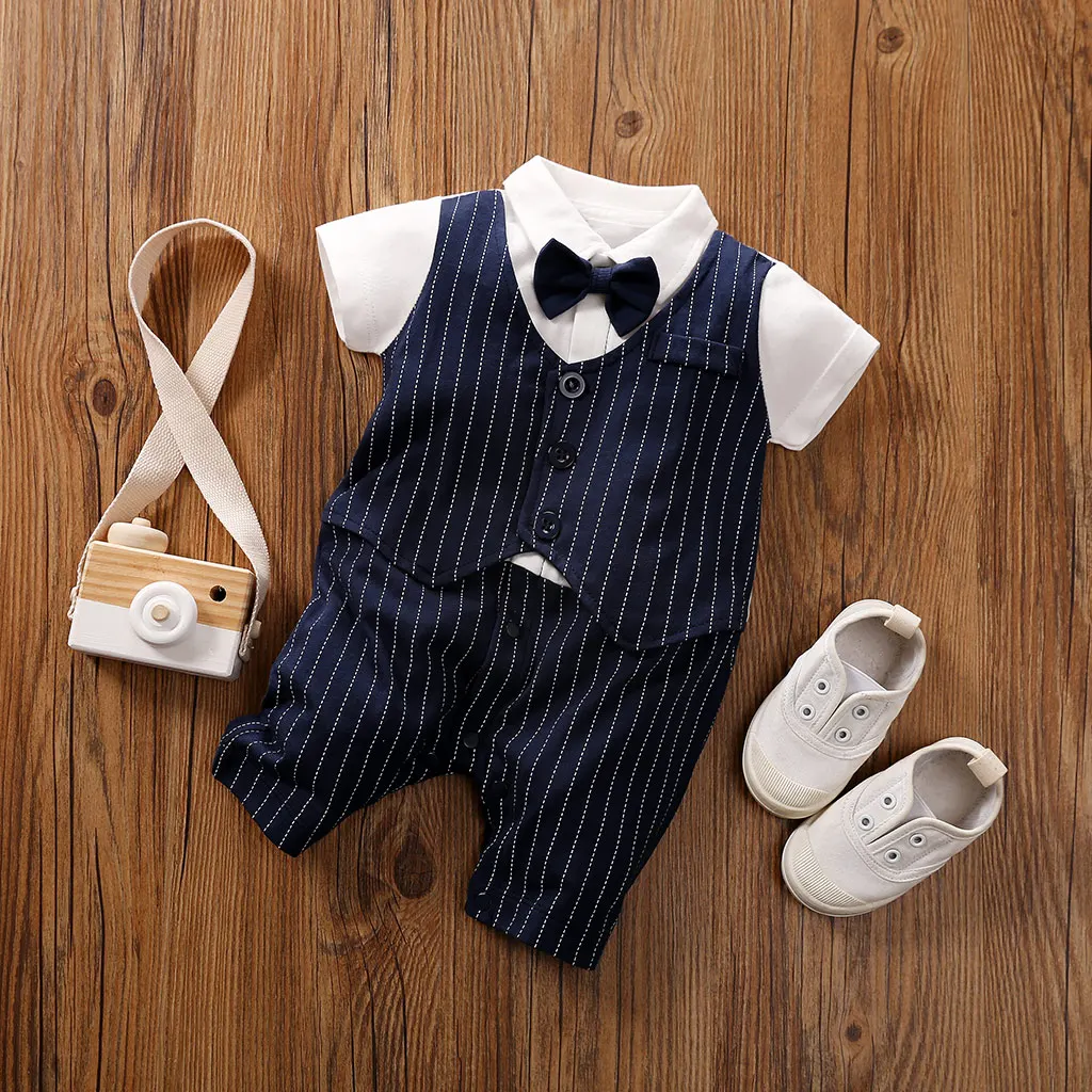 Newborn Clothes Handsome Striped Gentleman Formal Cotton Comfortable And Soft Summer Boys And Girls Short Sleeved Baby Jumpsuit