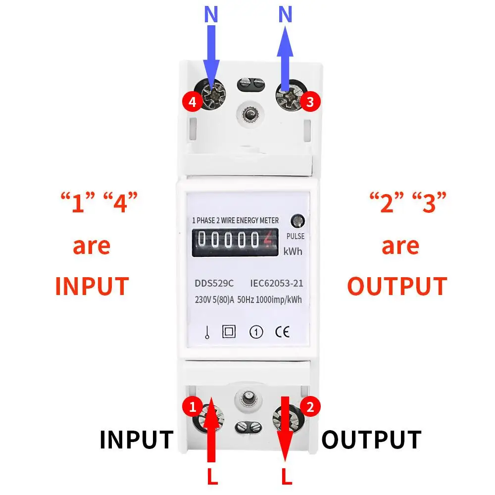 

2 Wire Electric Energy Counter DDS529C1 Digital Single Phase AC 230V 5-80A Analog Watt Measurement Meter 35mm DIN Rail Mounting