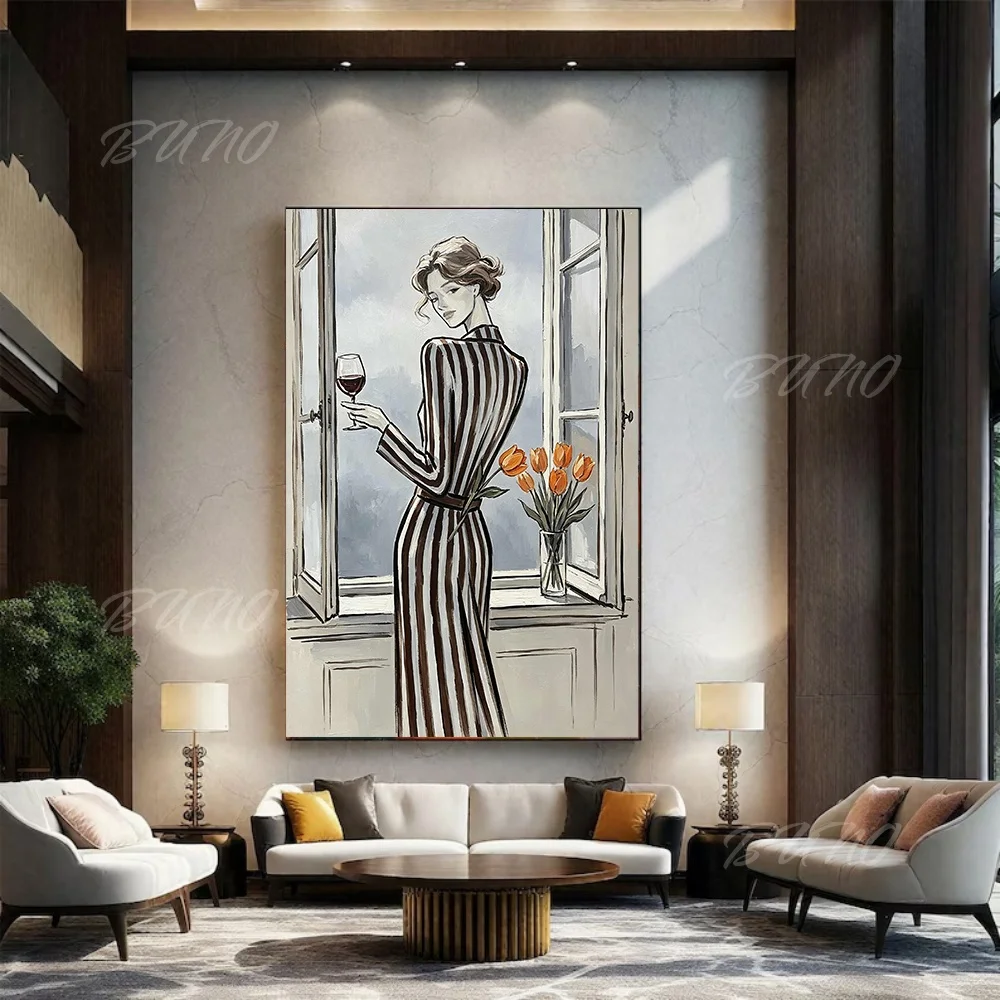 100% Handmade Hand-painted Abstract Oil Painting Original Wine Lady Tulip Canvas Wall Art For Home Living Room Bedroom Decor