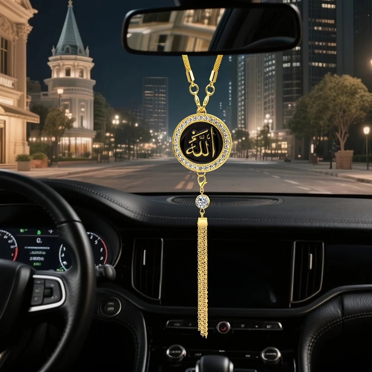 A round metal vehicle hanger, of the hanging type, with Islamic calligraphy design, featuring a refined design sense.