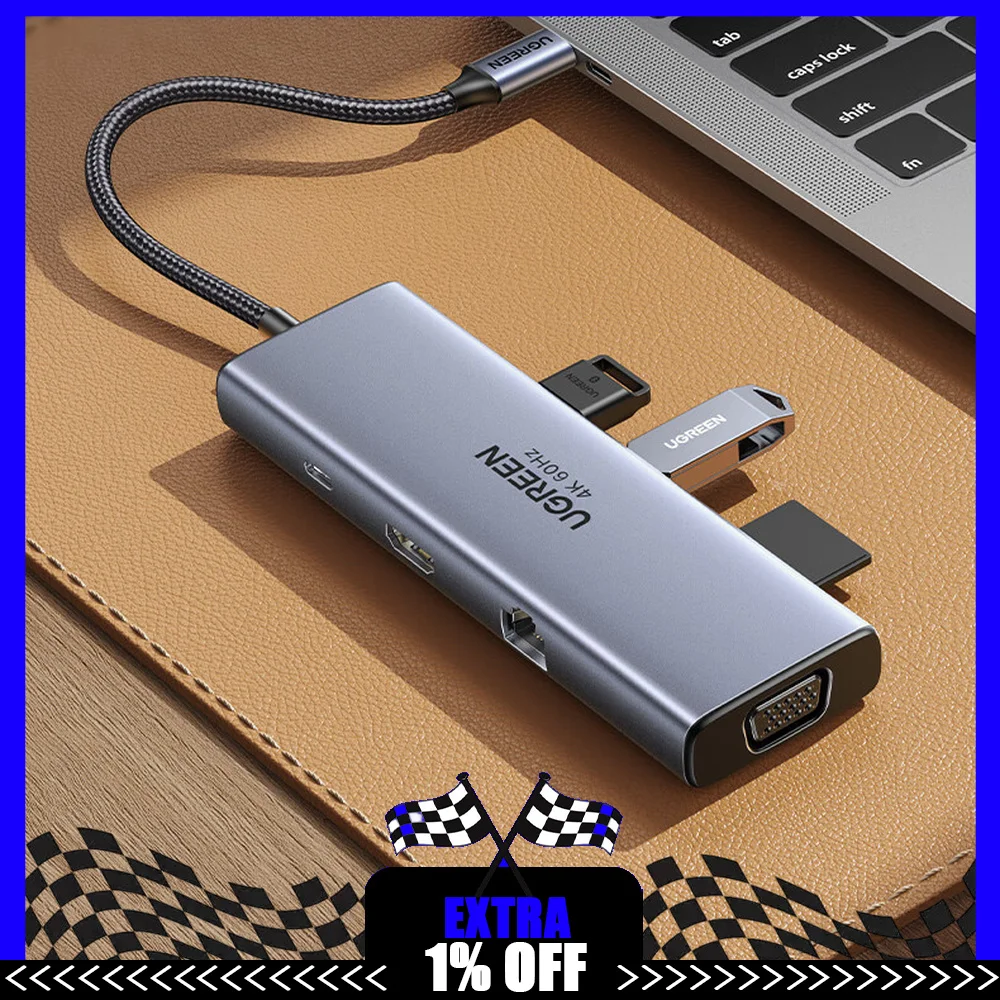 UGREEN CM498 25042 9-in-1 USB-C Hub, 4K 60Hz HDMI, VGA, Gigabit Ethernet, 3 USB 3.0, SD/TF Card Reader, 100W PD