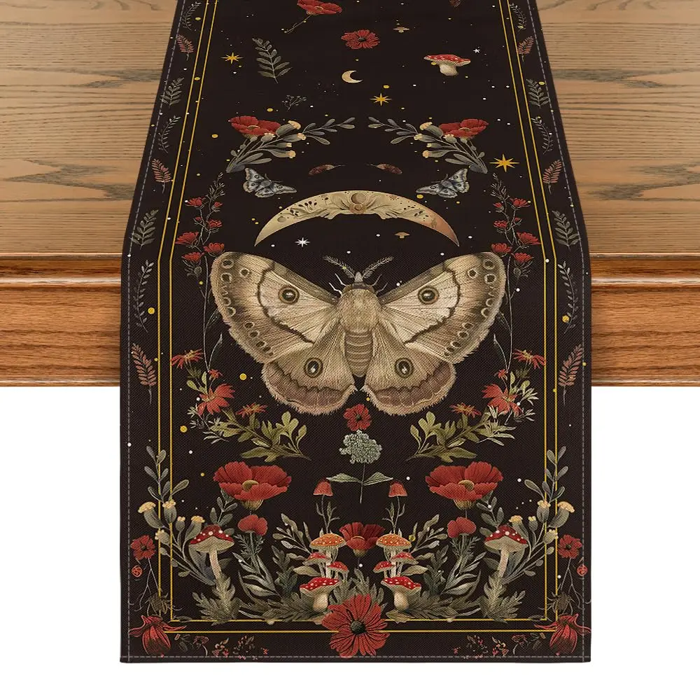 rtoid Mode Poppy Moth Mushroom Moon Fall Table Runner, Seasonal Autumn Kitchen Dining Table Decoration for Home Party Decor