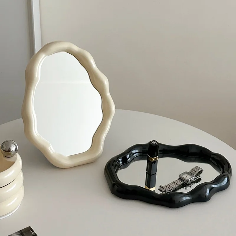 1/2pcs Cream Style Makeup Mirror Irregular Standing Desktop Mirror Jewelry Storage Decor Vanity Mirror Room Aesthetic Ornament