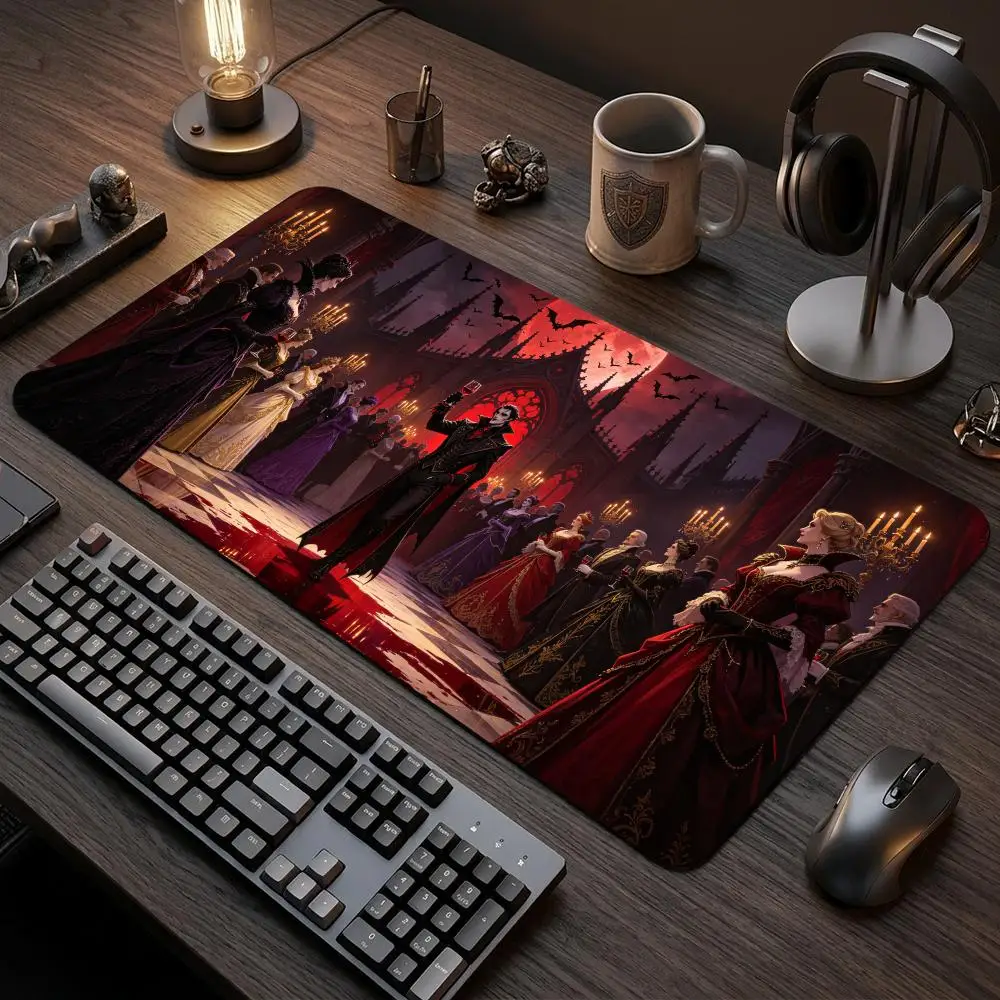 60X35CM Vampire Castle Banquet Red Moon Bats Play mat Non-Slip Rubber Base Stitched Edge Large Table Mat for Card Game