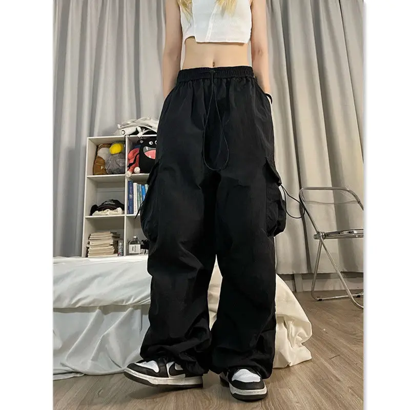 Spring Autumn Hip Hop Street Elastic High Waist Drawstring Women's Solid Spliced Pockets Folds Loose Straight Casual Cargo Pants