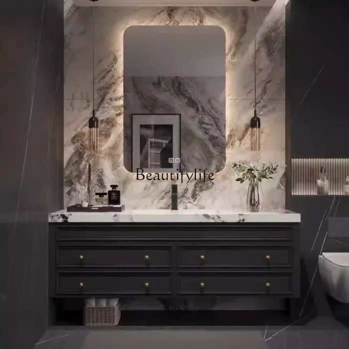 French light luxury bathroom cabinet combination solid wood rock slab American retro washstand