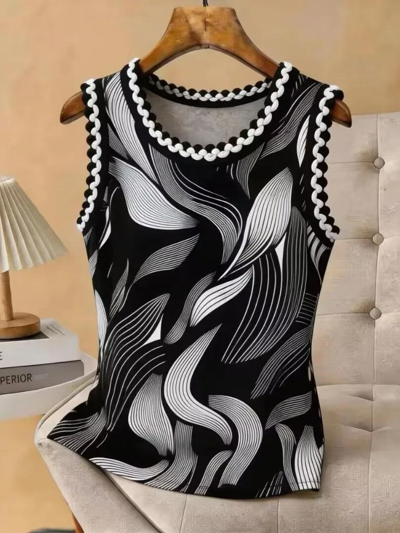 Summer Floral Print Women's Slim Fit Camisole Tank Top Lace Trim Meat Concealing Versatile Trendy Casual round Neck Outerwear