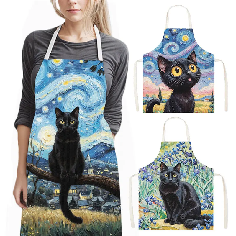 Van Gogh Black Cat Print Kitchen Aprons Oil Painting The Starry Night Home Cleaning Clothing Linen Pinafore Waiter Cooking Apron