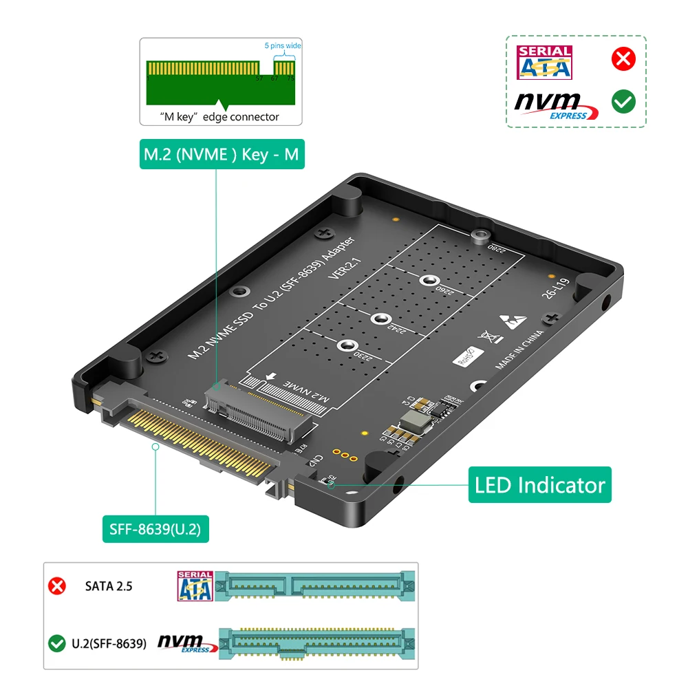 M.2 NVMe M-Key to U.2 SFF-8639 Adapter With Plastic Enclose, M2 NVMe SSD to 2.5” U.2 Converter