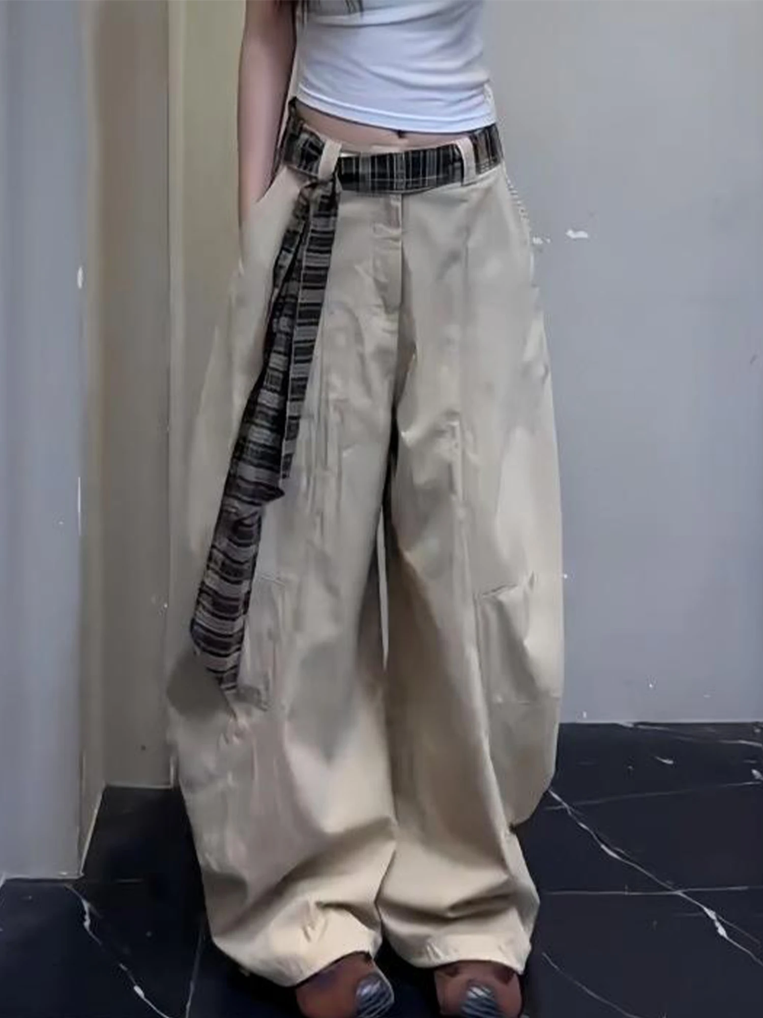 ผู้หญิงสีกากี Baggy ยาวกางเกงแฟนสไตล์กางเกง Harajuku ญี่ปุ่น 2000s สไตล์ Y2k Gyaru Vintage Oversize กางเกงเสื้อผ้า