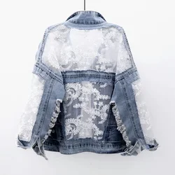 Chaquetas Mujer letni wiosnny Streetwear haftowany koronkowy Patchwork seksowna kurtka dżinsowa kobiety postrzępiony Tassel luźne jeansy płaszcz