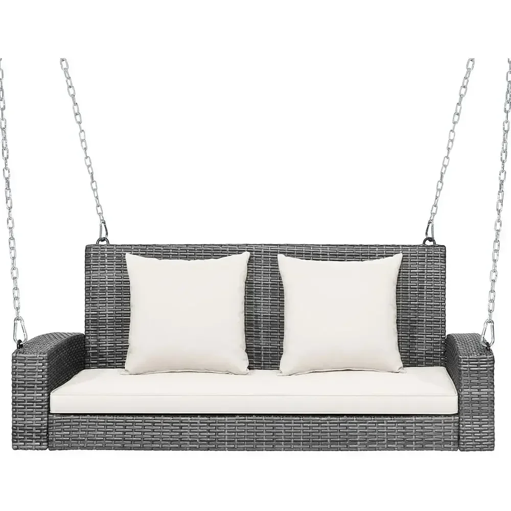2-Person Outdoor Swing Bench with Cushions, Metal Chains, for Patio, Balcony, Garden - White