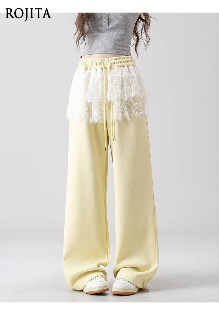 Lace Fart Curtain Splicing Wide-leg Pants Women's High-waisted Drawstring Tied Feet Straight Casual Sports Sweatpants