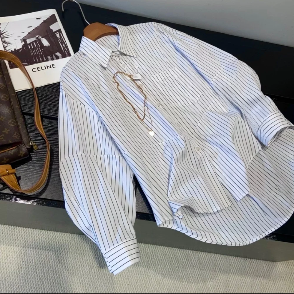 

Comfortable Blue Striped Loose Shirt Cotton Patchwork Wooden 1300 Comfortable Cotton Blue Stripes Splicing Oversize Blouse