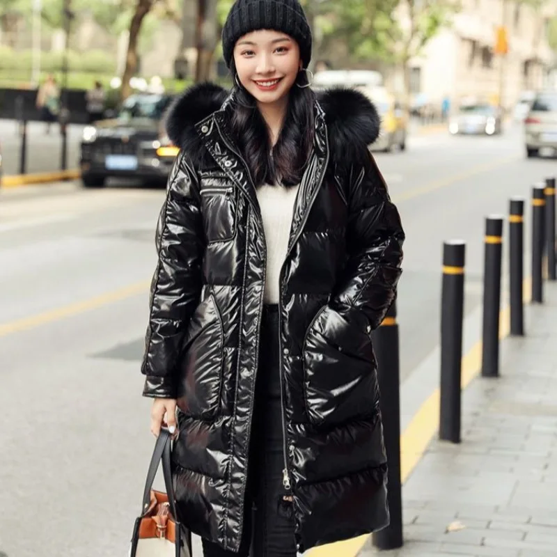 موضة جديدة متوسطة وطويلة سترة سميكة فضفاضة ورقيقة الشتاء الخصر سترات لامعة الفراء طوق ترك في أسفل الملابس القطنية