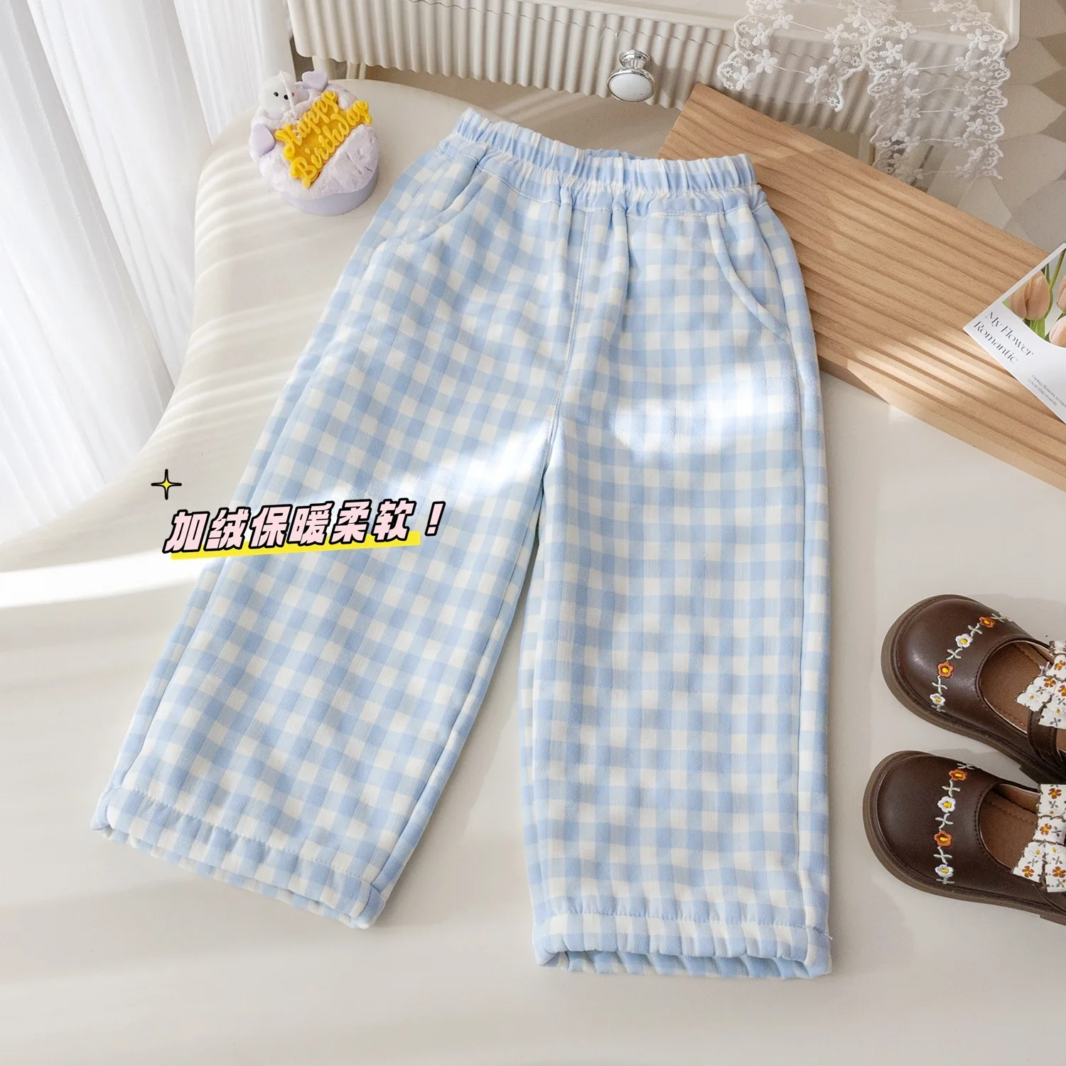 Girls Plaid Velvet Casual Pants Winter New Korean Foreign Style Thickened Straight Pants Baby Winter Versatile Trousers