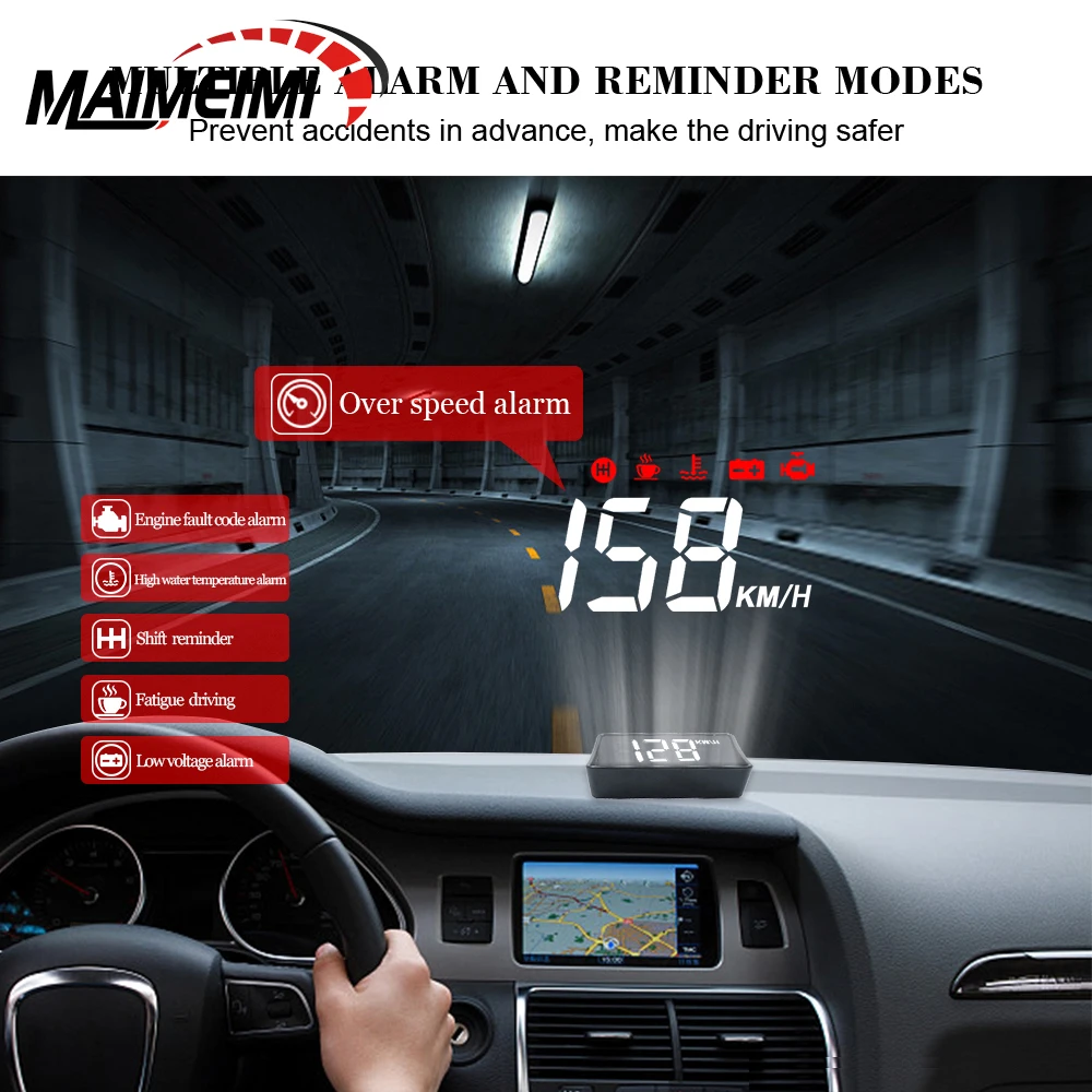 A100S Obd2 رئيس يصل عرض سيارة HUD سرعة KMH MPH درجة حرارة الماء الجهد الأميال السرعة الزائدة خطأ إنذار عرض متعدد الوظائف