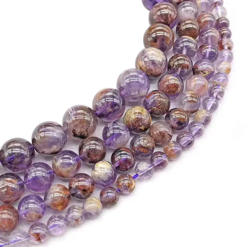 Cacoxenite Auralite 23 Natural Stone Super Seven Ghost Purple Lodolite Quartz Round Loose Beads Gemstone for Jewelry Making DIY