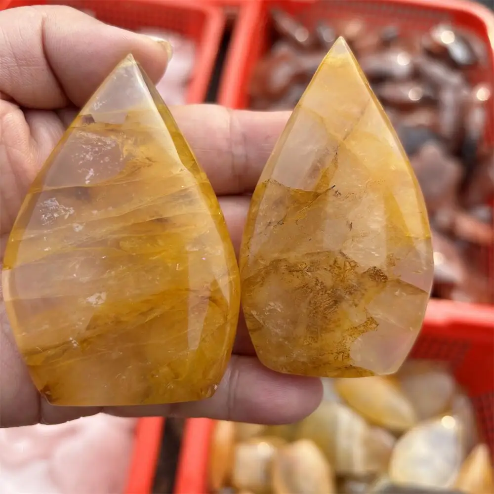 2pcs Natural Yellow Fire Quartz Hematoid Teardrop Carving Fengshui Healing Crystal Sculpture for Home Decor Energy Artwork Gift