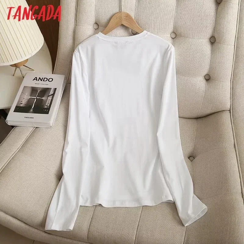 Tangada 2023 Women High Quality Solid Cotton T Shirt O Neck Plus Long Sleeve Fashion Female Top 6D187