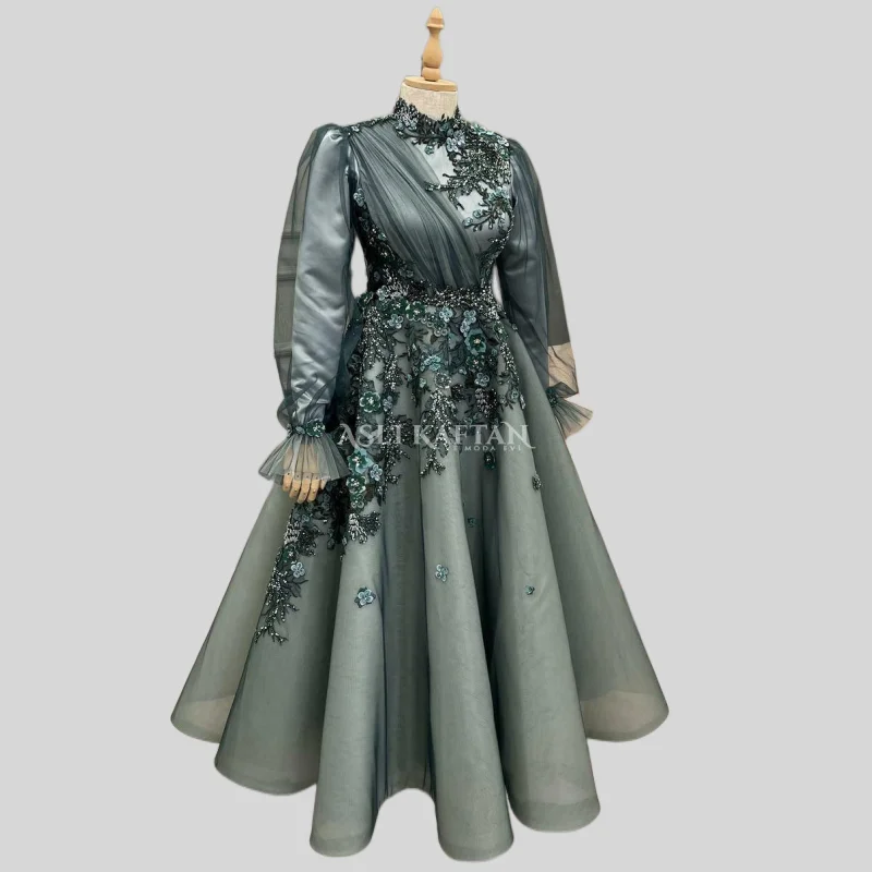 Marroquino kaftan muçulmano vestidos de noite a linha mangas compridas apliques pérolas dubai árabe turquia abaya islâmico vestido de noite