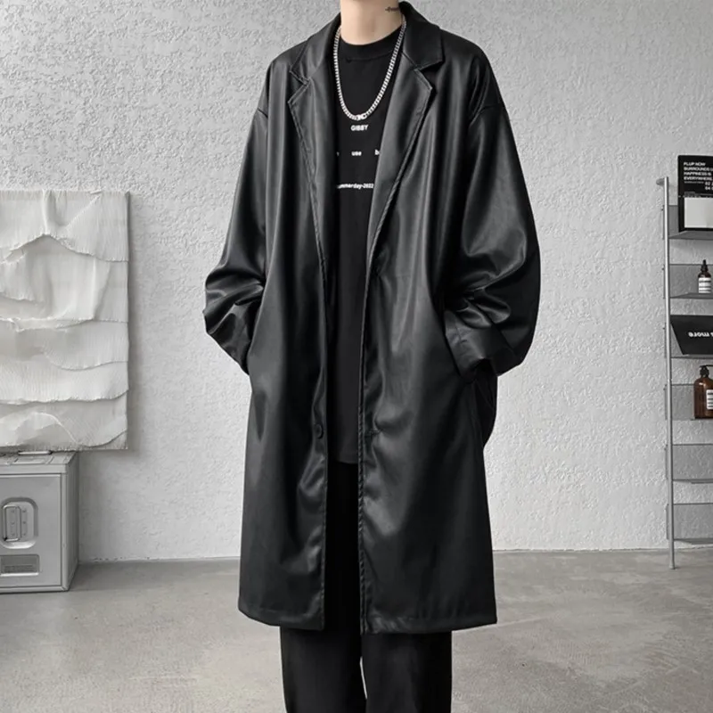 

Unisex Black PU Leather Long Trench Coat Men Women Gothic Trenchcoat Luxury Autumn Winter Loose Windbreaker Outerwear