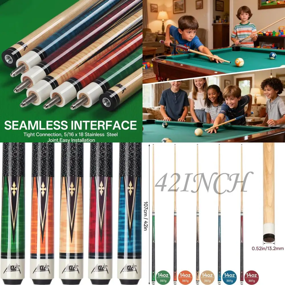 

Canadian Maple Professional Pool Cues, 58/42 Length, Set of 4/5/1, 14-21oz Weights, Multiple Colors for Adults