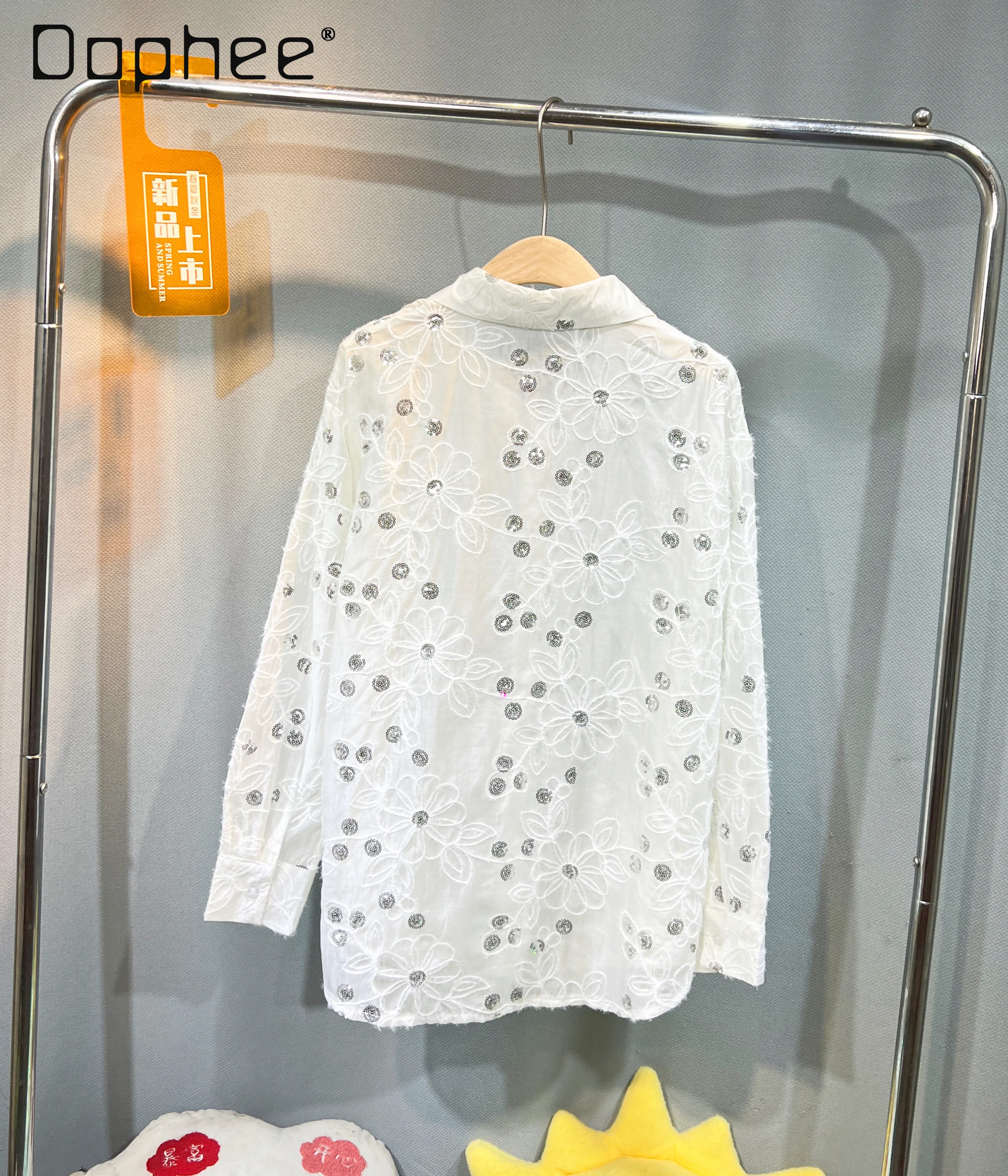 Heavy Industry Embroidered Shirt Women Fashion Sequins Loose Mid-length Versatile Temperament Top Summer Thin Long-sleeved Shirt