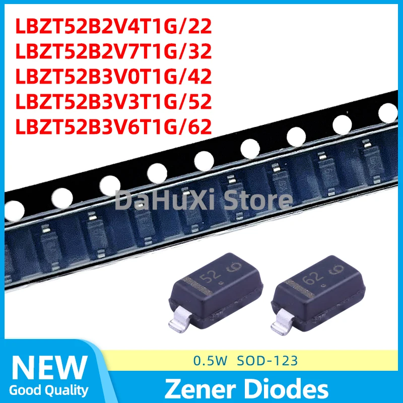 50PCS LBZT52B2V4T1G 22 LBZT52B2V7T1G 32 LBZT52B3V0T1G 42 LBZT52B3V3T1G 52 LBZT52B3V6T1G 62 Zener Diodes SOD-123