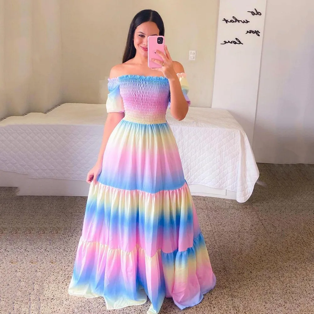 2023 Casual Women Summer Elegant Beach Style Elastic Short Sleeve Rainbow Floral Print Dress Ladies Cute A-line Maxi Dresses