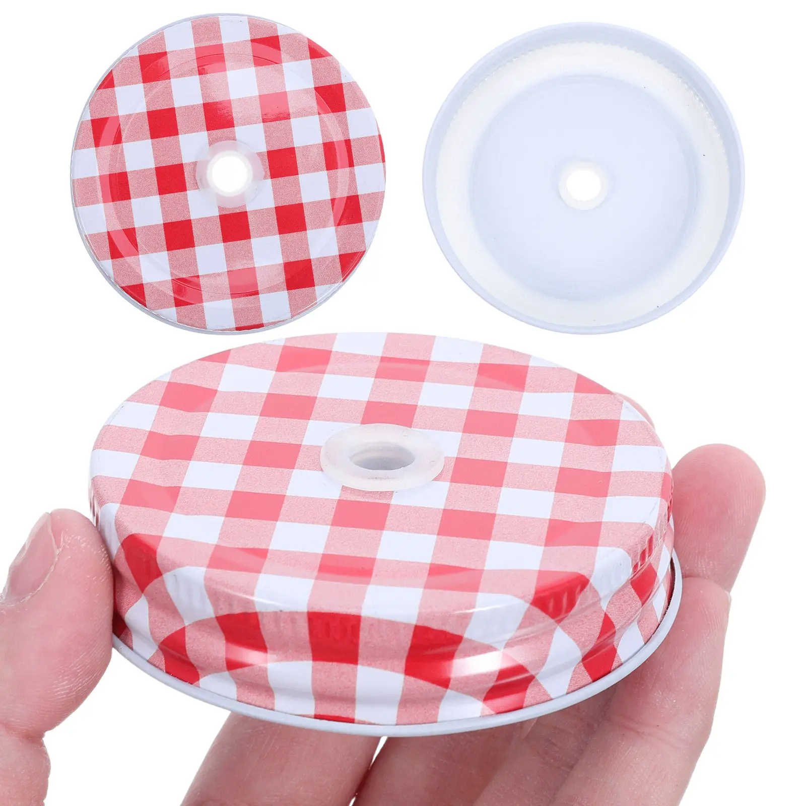 10Pcs Red Gingham Mason Jar Lids Regular Mouth Straw Hole Decorative Tinplate Covers 70Mm Canning Jar Lids for Juices