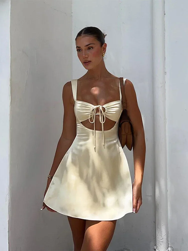 

Fashion Satin Lace Up Dresses Sexy Evening Party Dress Women 2024 Elegant Hollow Out Dress Bodycon Female Summer Mini Vestidos