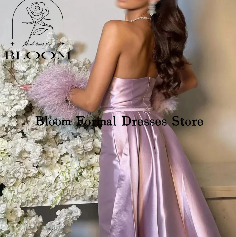 Bloom Customized Lavender Satin Strapless Prom Dresses Side Split Plush Oversleeves Noble Evening Dresses Wedding Party Gown