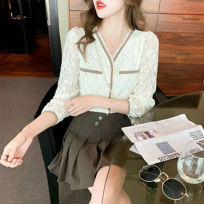 Women Korean Fashion Sexy Lace Chic Elegant Shirts Spring Summer Vintage Casual Blouses Solid V Neck Long Sleeve Tops Slim Blusa