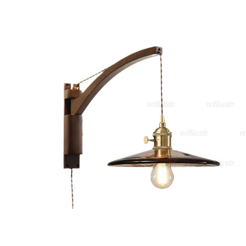 Vintage Walnut Wood Amber Glass Wall Lamp Rotating Folding Rocker Sconce Light for Hotel Cafe Bar Living Dining Bedroom Bistro
