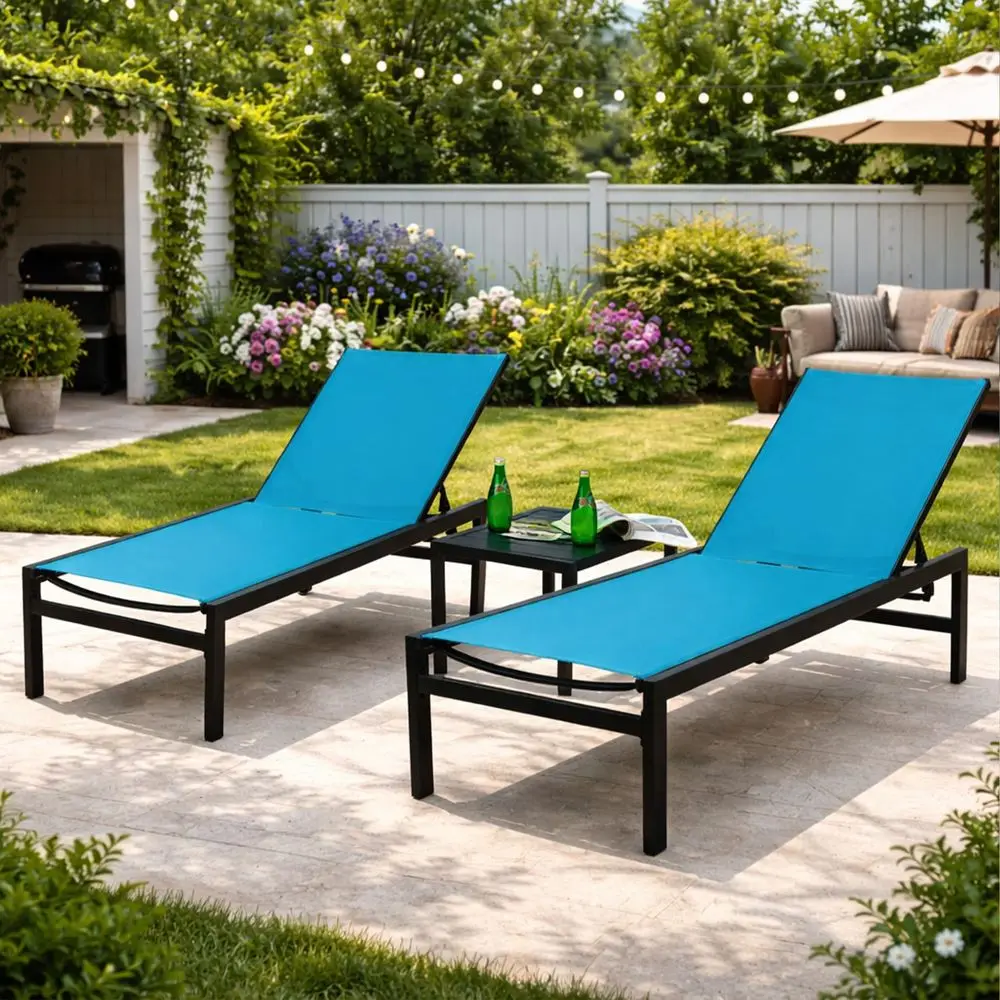 

3Piece Outdoor Chaise Lounge Set, PowderCoated Aluminum Frame and Textilene Fabric, Adjustable Reclining Patio Lounger for Pool